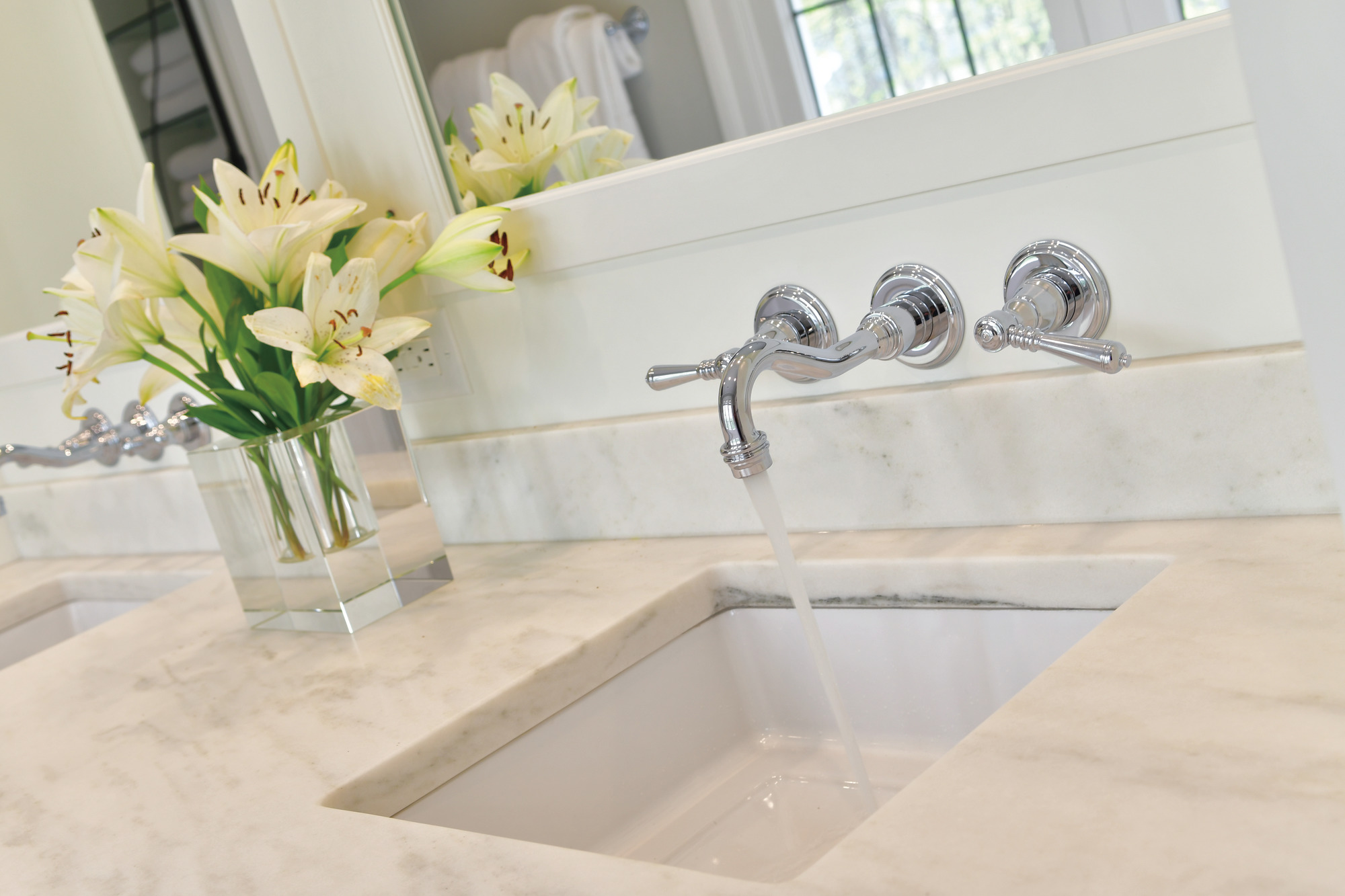 Tresa® | Two-Handle Wall Mount Lavatory Faucet with Lever Handles